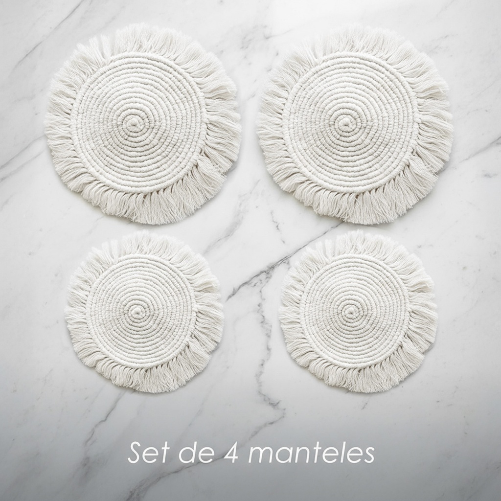 Paquete 4 Manteles Redondos Boho Macramé Blanco