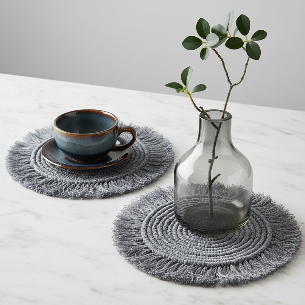 Paquete 4 Manteles Redondos Boho Macramé Gris
