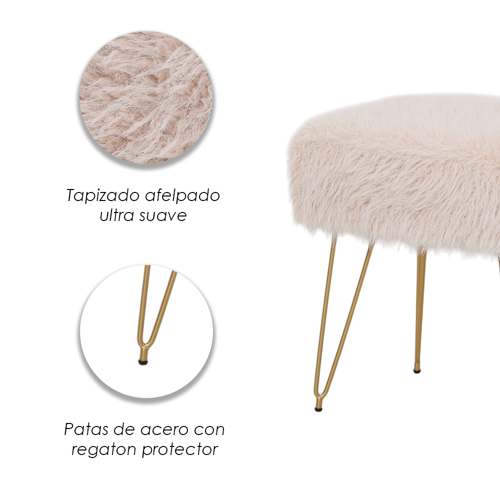 Taburete Moderno Beige Glam de Tela Tipo Peluche 