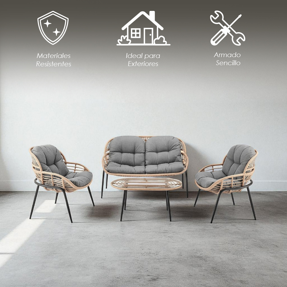 Sala para jardín con ratán redondo café y cojín confort