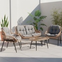 Sala para jardín con ratán redondo café y cojín confort