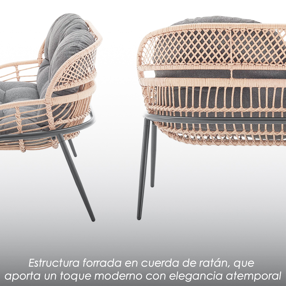 Sala para jardín con ratán redondo café y cojín confort