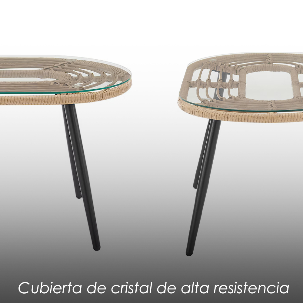 Sala para jardín con ratán redondo café y cojín confort