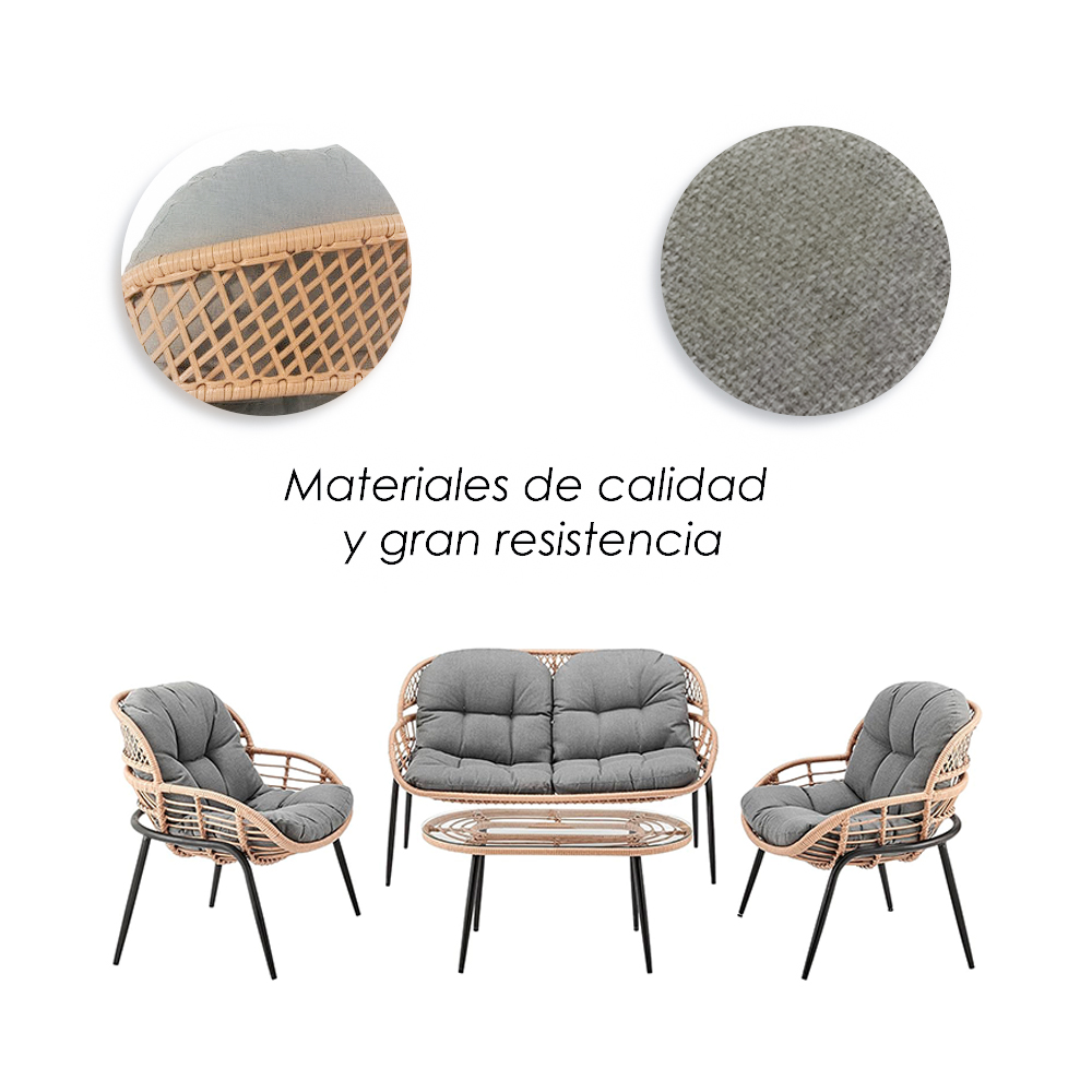 Sala para jardín con ratán redondo café y cojín confort