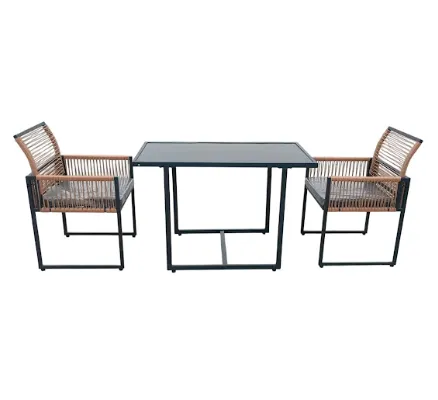 Sala de Jardín con 2 Sillas y Mesa de Vidrio, Diseño Moderno con Estructura Metálica y Rattan Sintético para Exterior