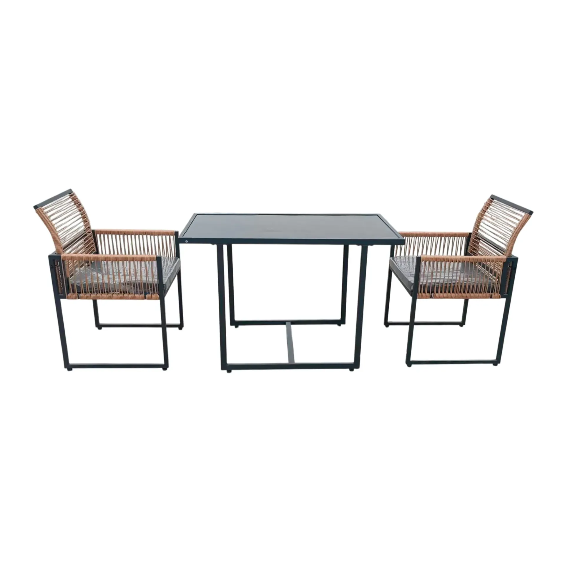 Sala de Jardín con 2 Sillas y Mesa de Vidrio, Diseño Moderno con Estructura Metálica y Rattan Sintético para Exterior