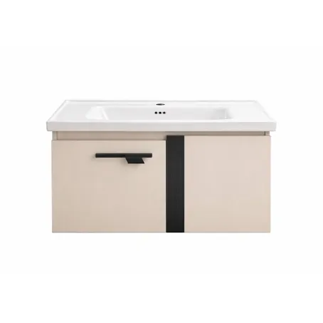 [GBaño-2504/Bei] Gabinete de Baño Flotante con Lavabo Integrado, Diseño Moderno Beige con Detalles Negros y Almacenamiento Funcional