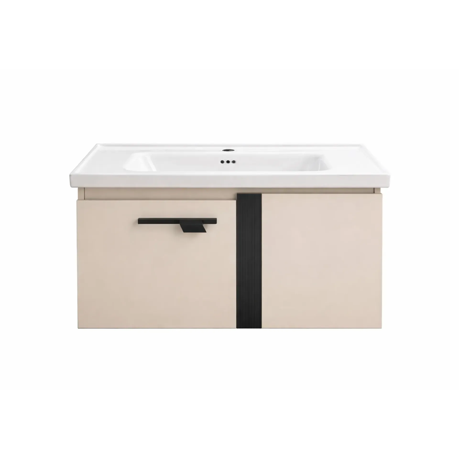 Gabinete de Baño Flotante con Lavabo Integrado, Diseño Moderno Beige con Detalles Negros y Almacenamiento Funcional
