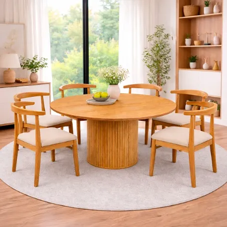 Comedor Redondo de Madera 120 cm con 6 Sillas Modernas Nórdico