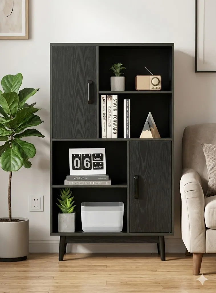 Librero Moderno de Madera con Puertas y Compartimentos