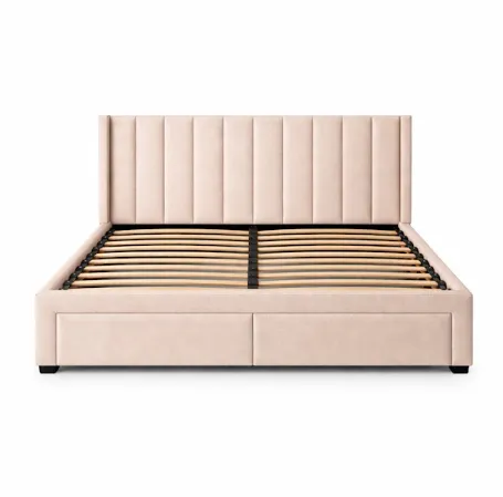 Base de Cama Tapizada Beige Matrimonial con Cabecera Acolchada con cajones Integrados y Estructura Resistente