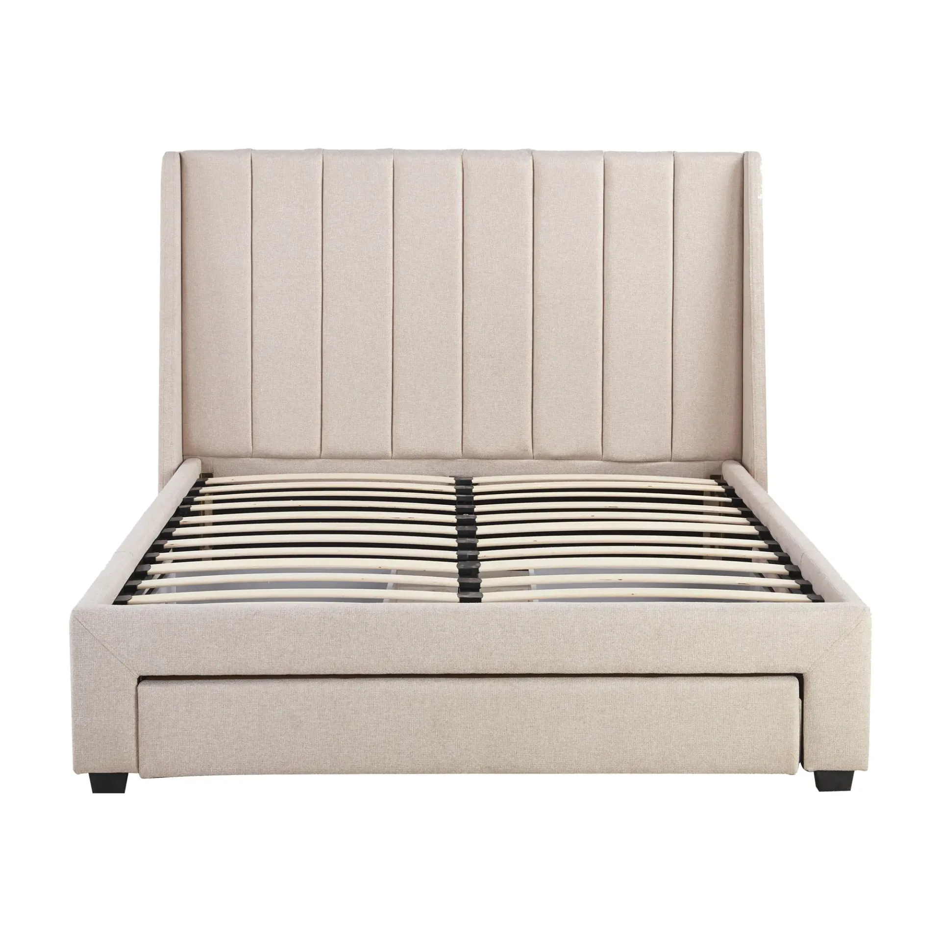 Base de Cama Tapizada Beige Matrimonial con Cabecera Acolchada con cajones Integrados y Estructura Resistente