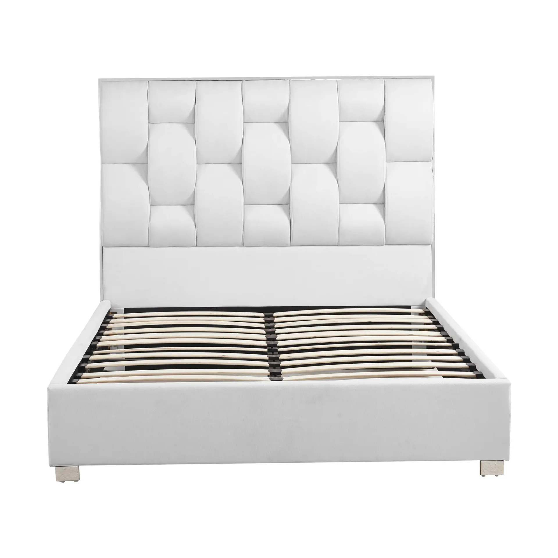 [Cama5730-M-Bla] Base de Cama Tapizada Beige con Cabecera Acolchada
