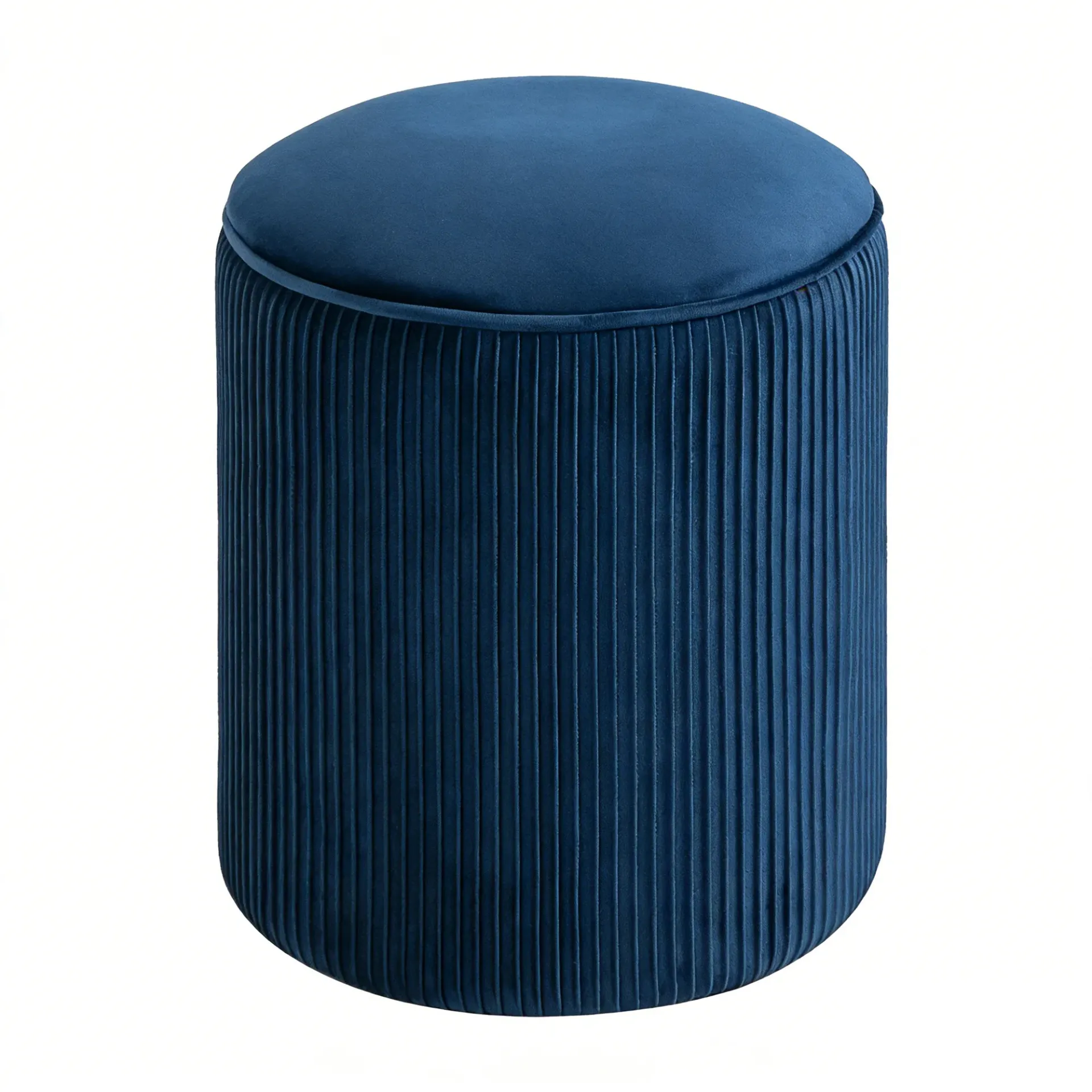 Taburete Redondo Tapizado Azul con Diseño Acanalado