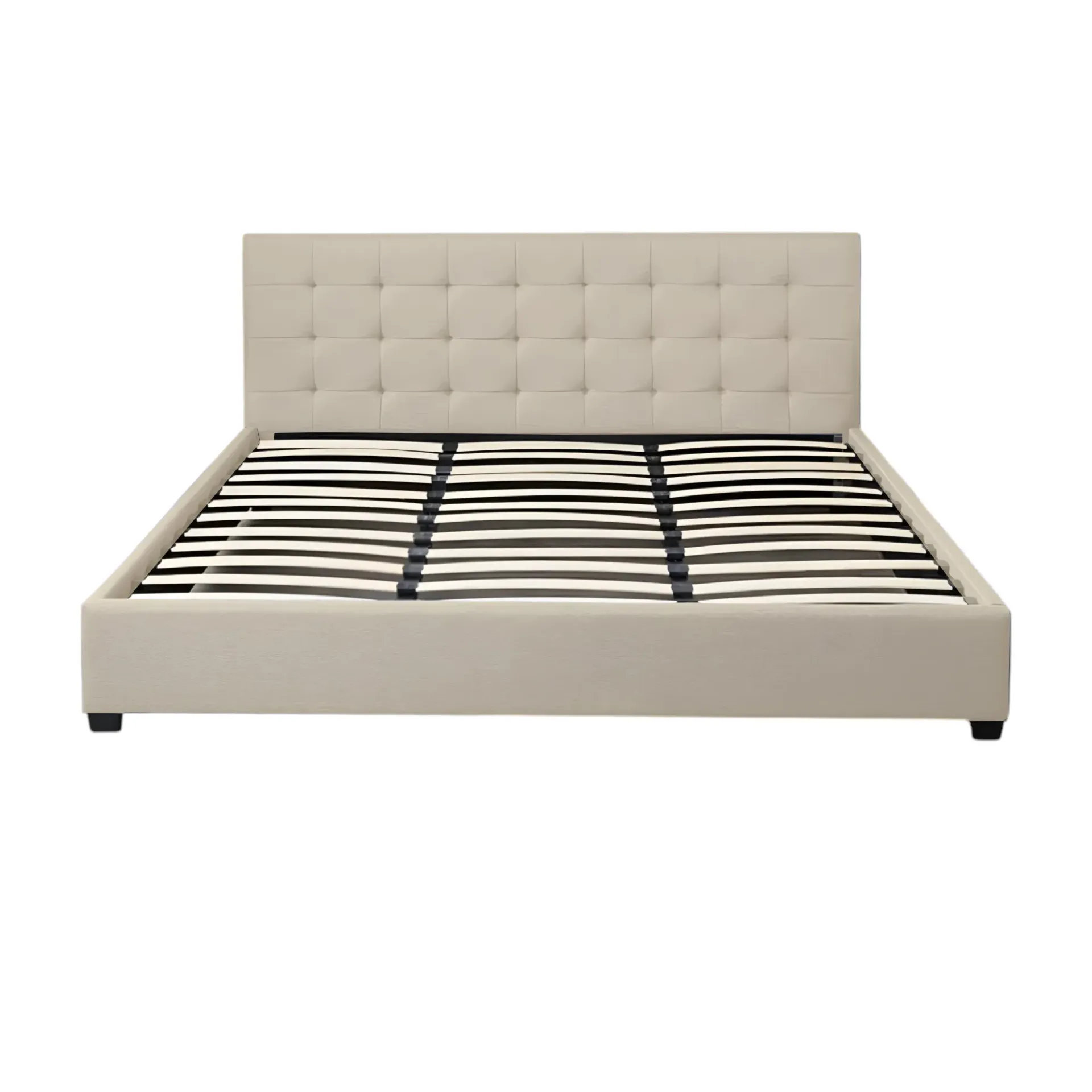 [Cama-PD054-BeigeK] Base de Cama King Tapizada Beige con Cabecera Capitoneada