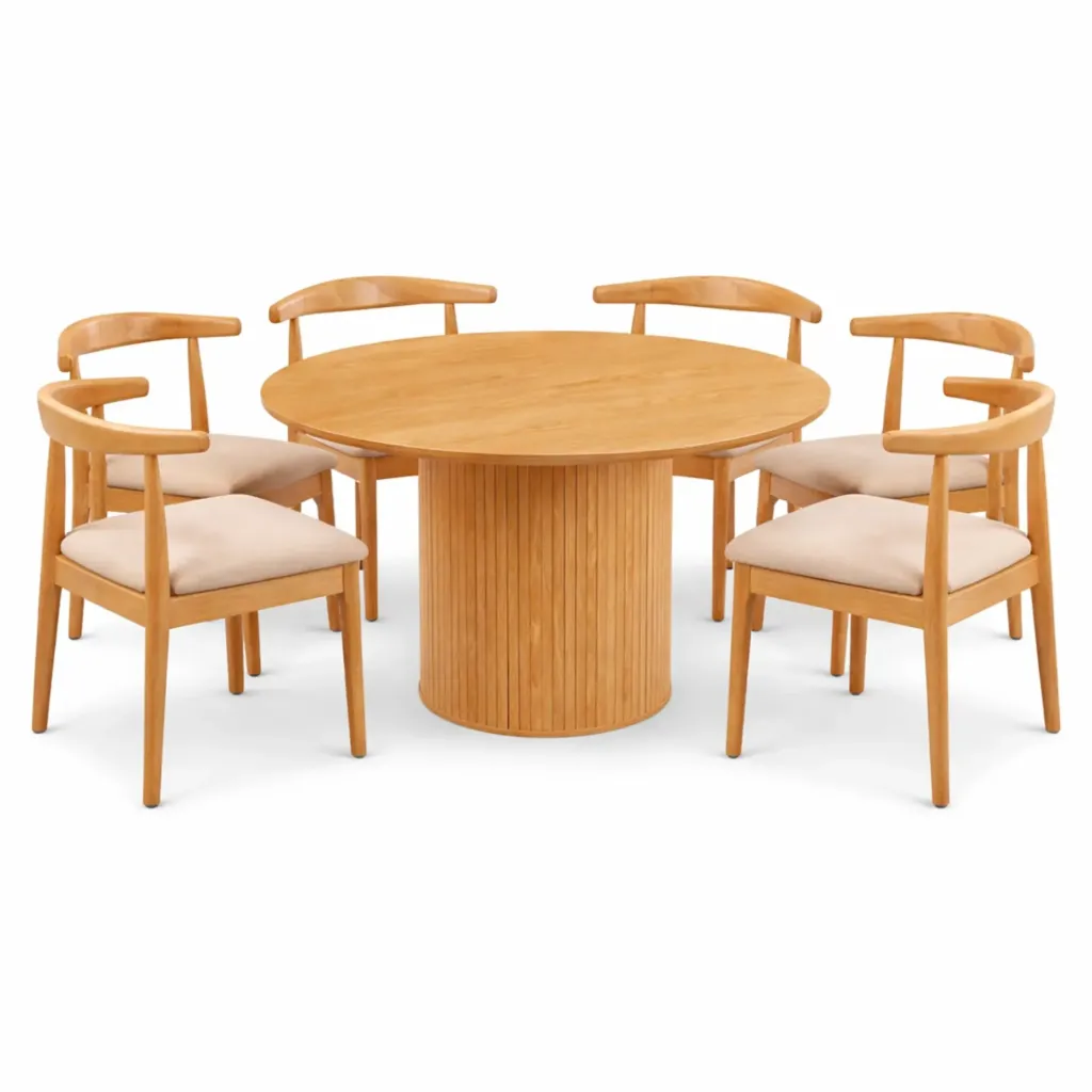 [Comedor6-Nordico/Beige6] Comedor Redondo de Madera 120 cm con 6 Sillas Modernas Nórdico