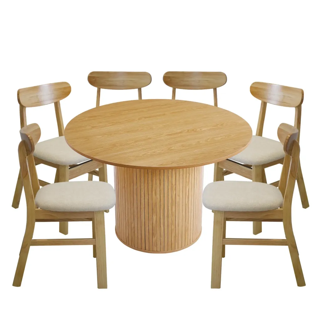 [Comedor6-Kora] Comedor Kora Redondo Moderno de Madera con 6 Sillas