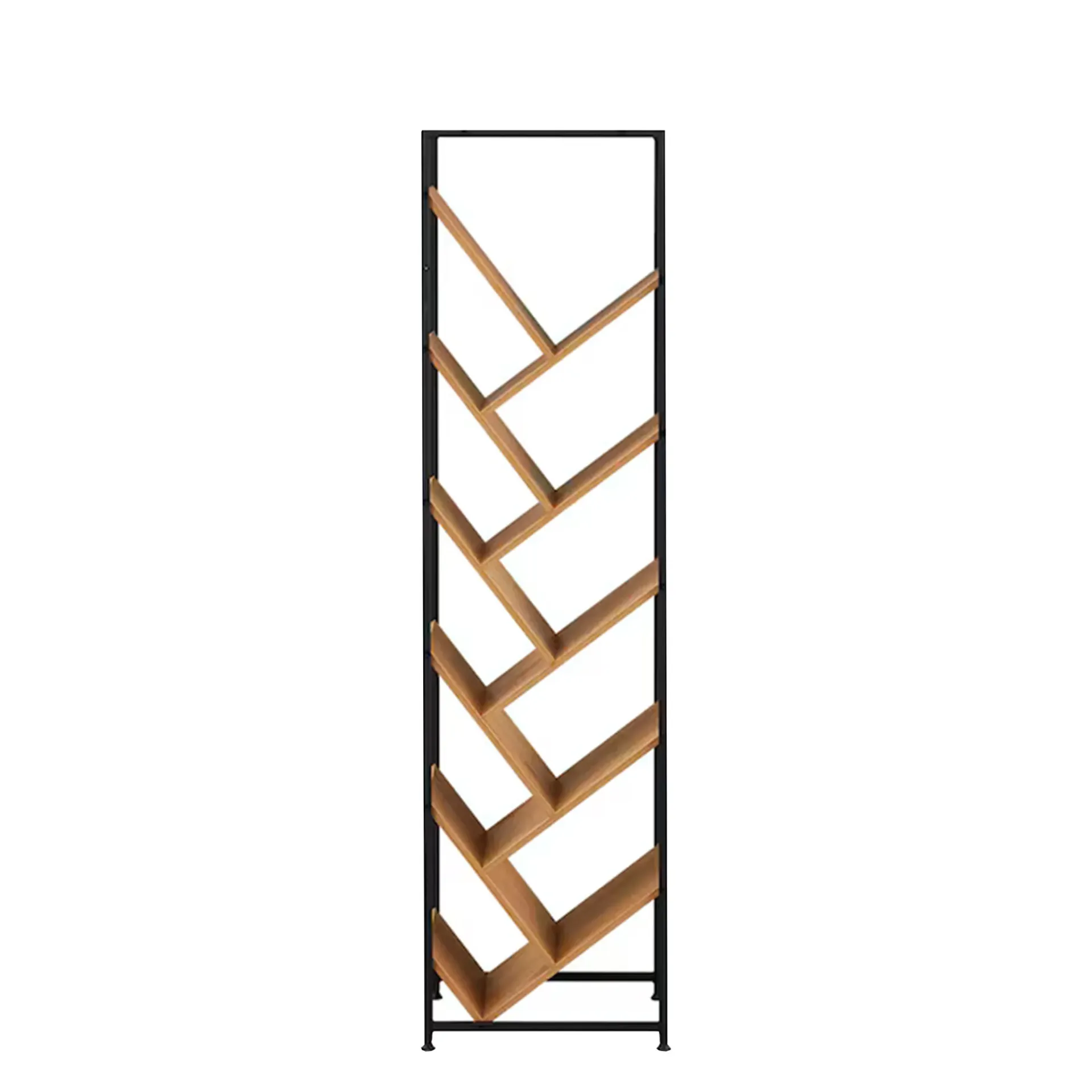 Librero Vertical Moderno 150 cm con Repisas en Zigzag de Madera y Estructura Metálica