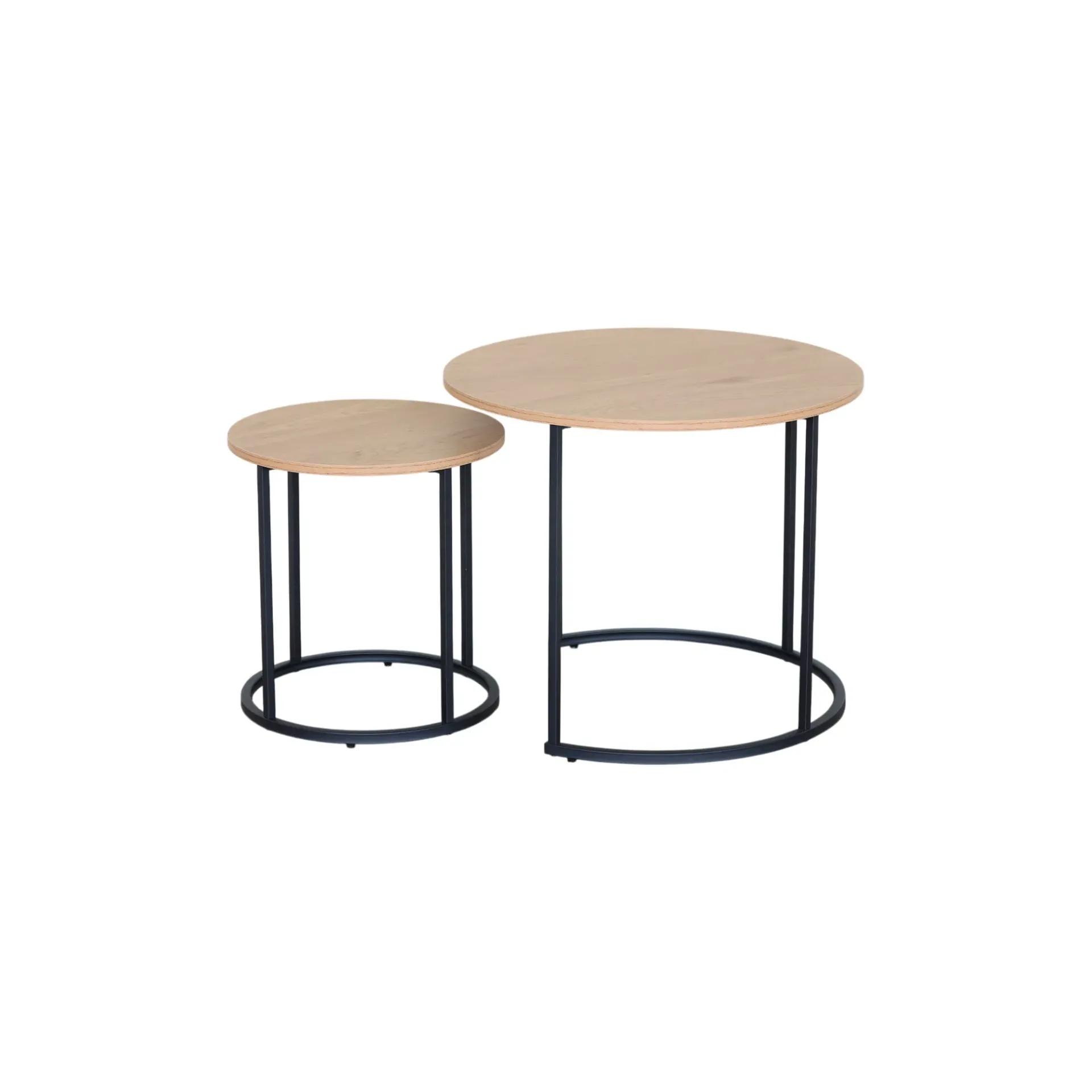 [JMR-6050-Roble-GDX] Set de 2 Mesas Laterales Redondas MDF con Melamina y Estructura de Metal Negro