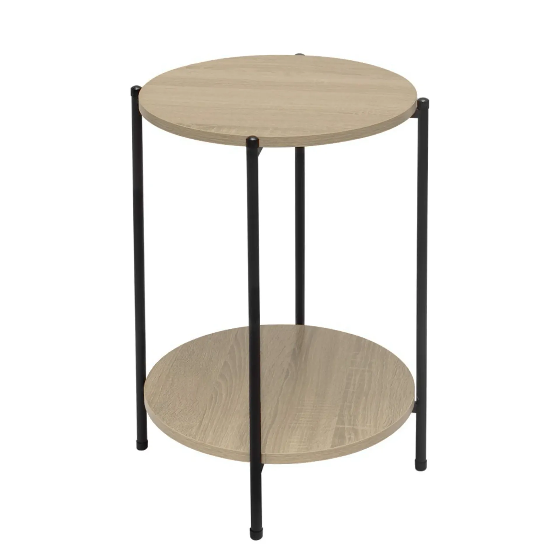 [MA-2nivel-Roble-GDX] Mesa Auxiliar Redonda de 2 Niveles con Estructura Metálica