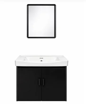 [GBaño-010-E/Neg] Gabinete de Baño Flotante Negro con Lavabo Cerámico y Espejo