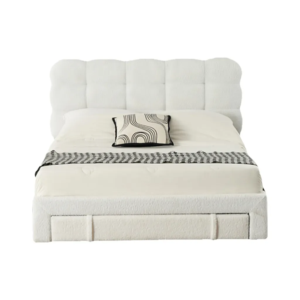[Cama-1109-Bla-Ind] Cama Individual Bouclé Blanco con Cajón