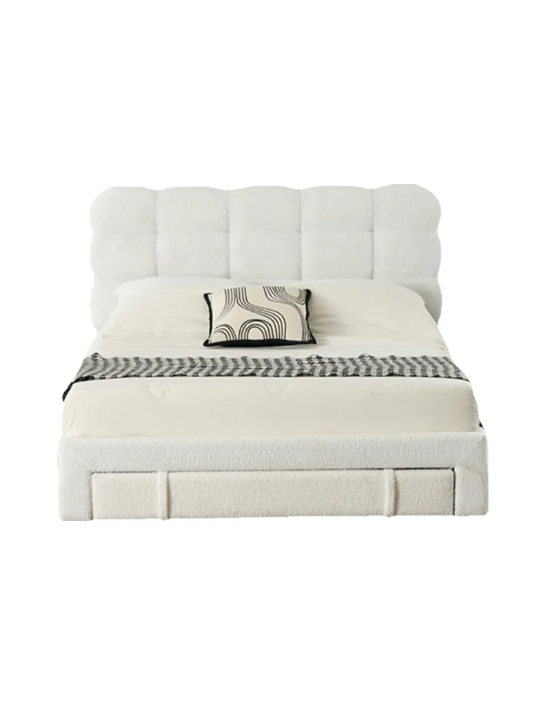 [Cama-1109-Bla-M] Cama Matrimonial Bouclé con Cajón Integrado