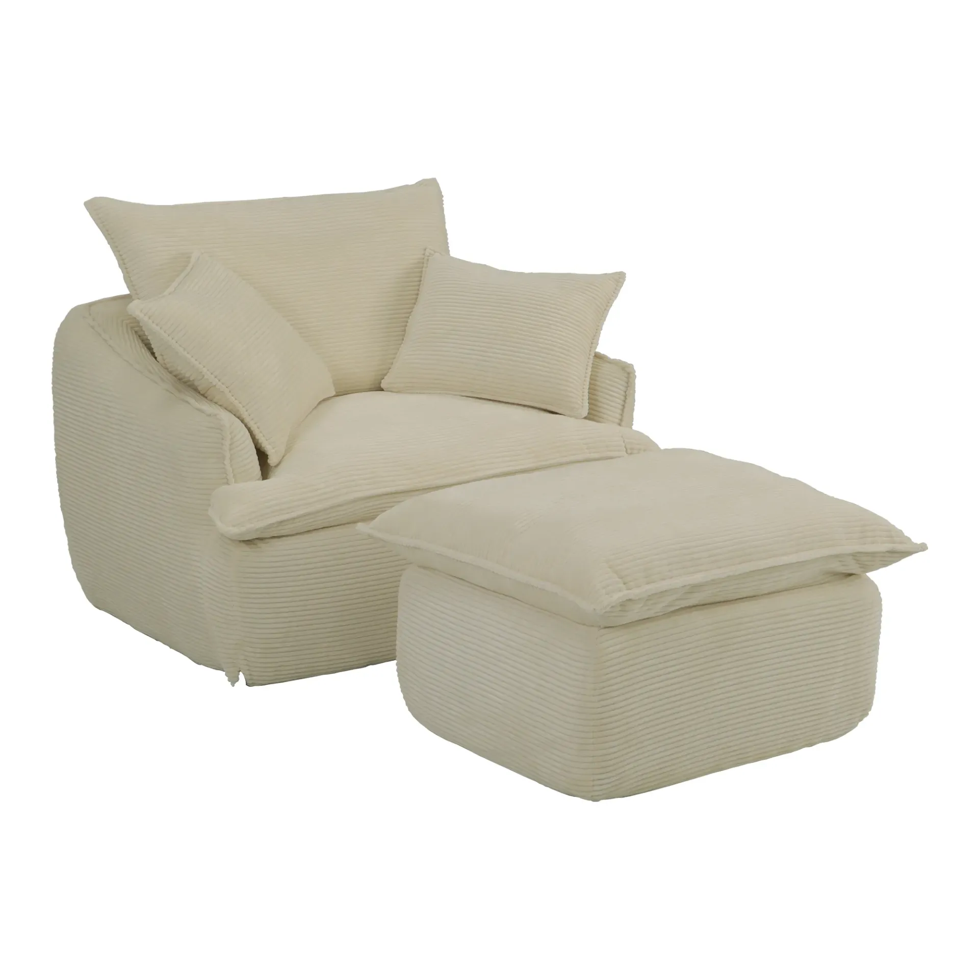 [Sofa1P-Lounge-Bei] Sofá Lounge Beige con Puff y Cojines