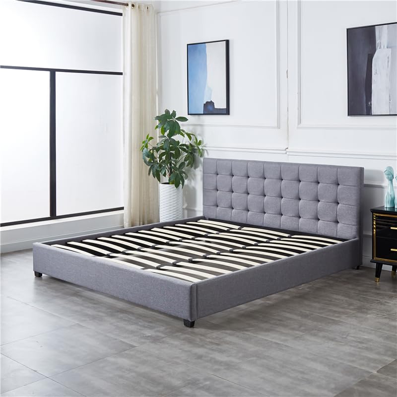 [Cama-PD054/K] Base Con Cabecera Cama-PD054 de Madera King Lino Color Gris