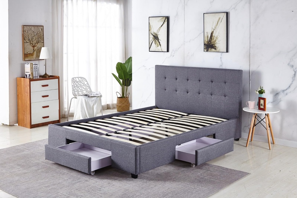 [Cama-P1940/Q] Base Con Cabecera Cama-P1940 de Madera Queen Lino Color Gris con Cajones