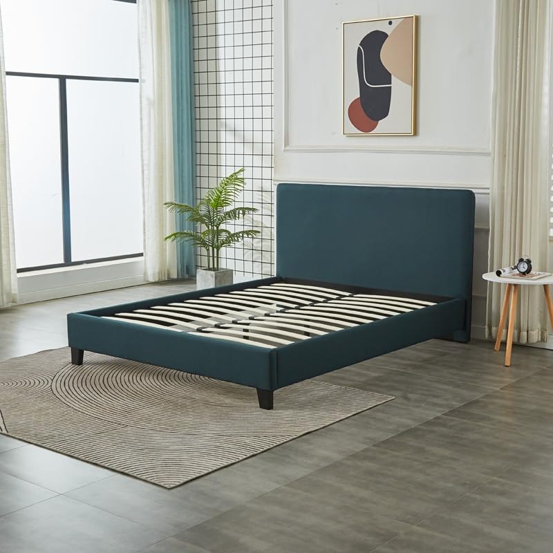 Base Con Cabecera Cama-P1004 de Madera King Size Lino Color Verde