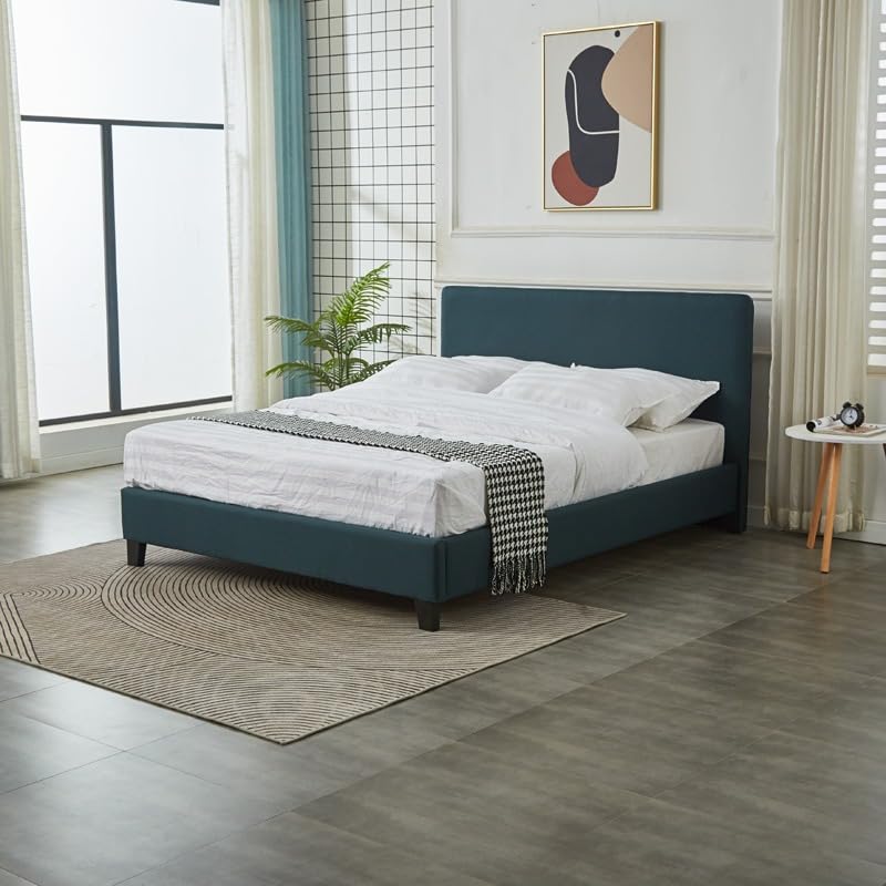 Base Con Cabecera Cama-P1004 de Madera Matrimonial Lino Color Verde