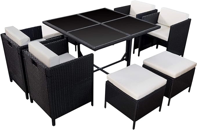 [CJR-Neg/44] Comedor para Jardín Juego de 8 Sillas con Mesa de Vidrio Ilios Innova Exterior