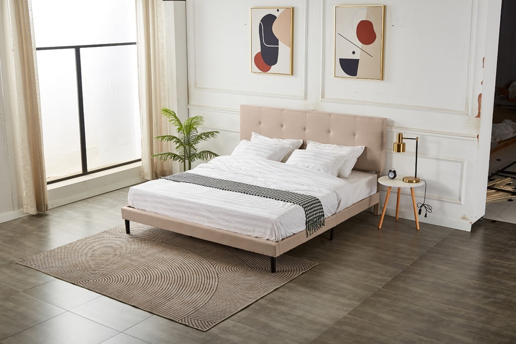 Base Con Cabecera Cama-578 de Madera King Lino Color Beige