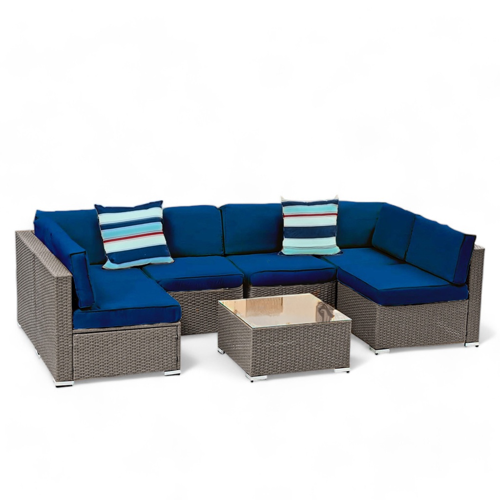 Juego de sala esquinera para jardín de mimbre exteriores para 6 Azul Marino