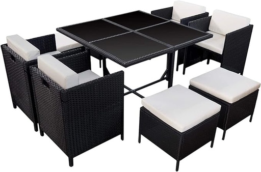 [CJR-Neg/44] Comedor para Jardín Juego de 8 Sillas con Mesa de Vidrio Ilios Innova Exterior