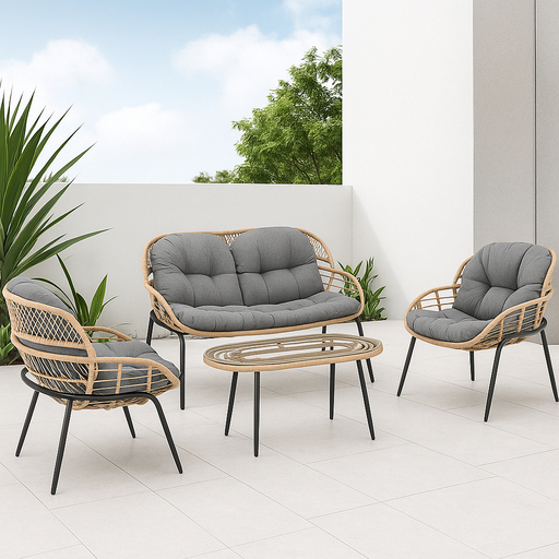 [Sala-4R/Caf] Sala para jardín con ratán redondo café y cojín confort